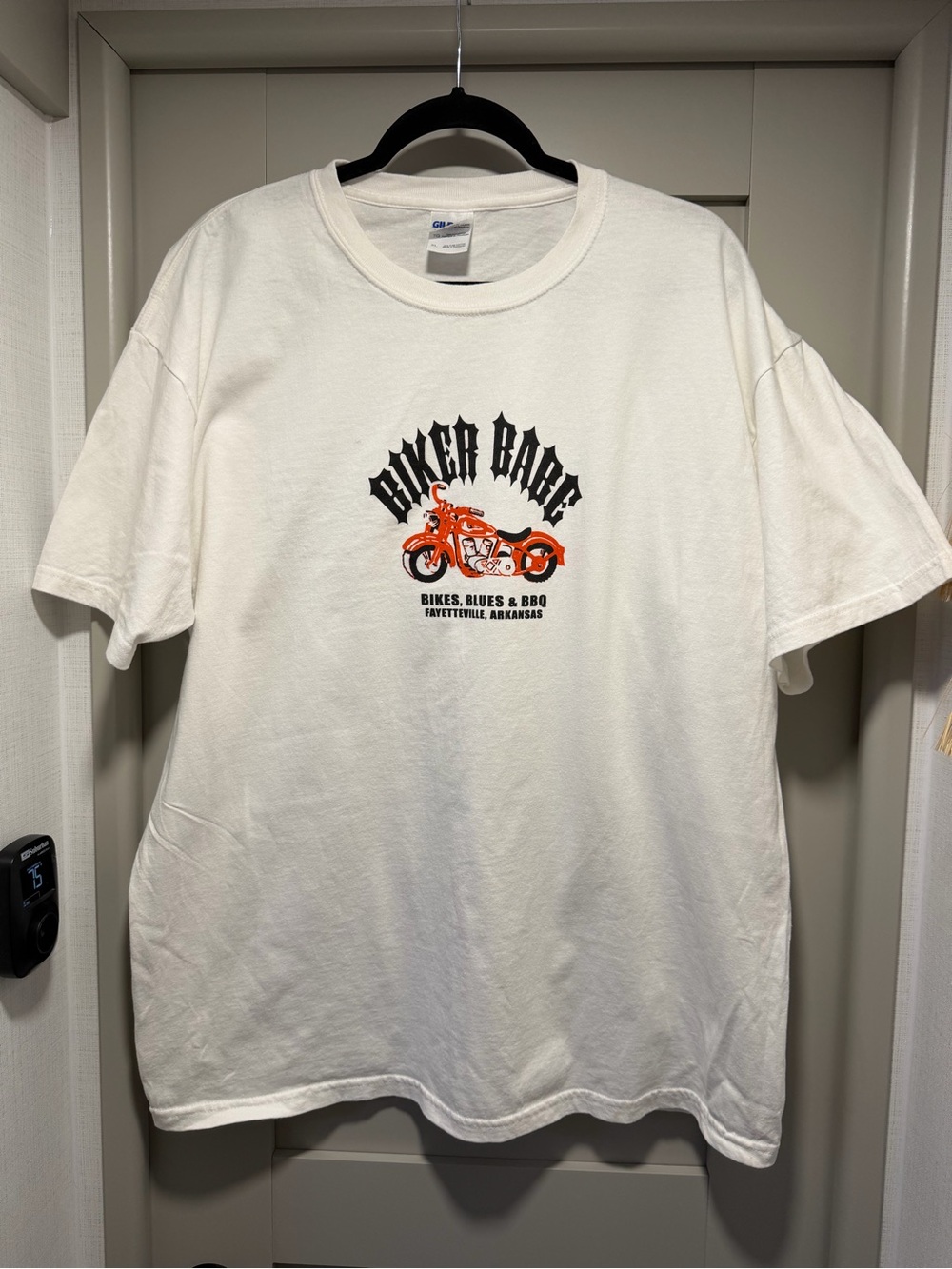 Gildan White Tee with Orange Motorcycle Graphic